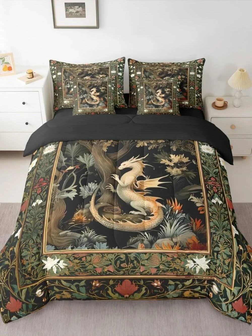 Western Dragon Comforter Country Style Flowers Leaves Bedding Set Twin Size 7 Pc